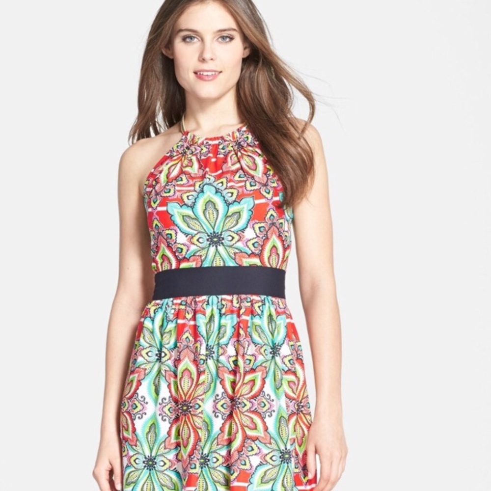 Eliza J. Halter Dress Red Paisley Gold Chain - 2
